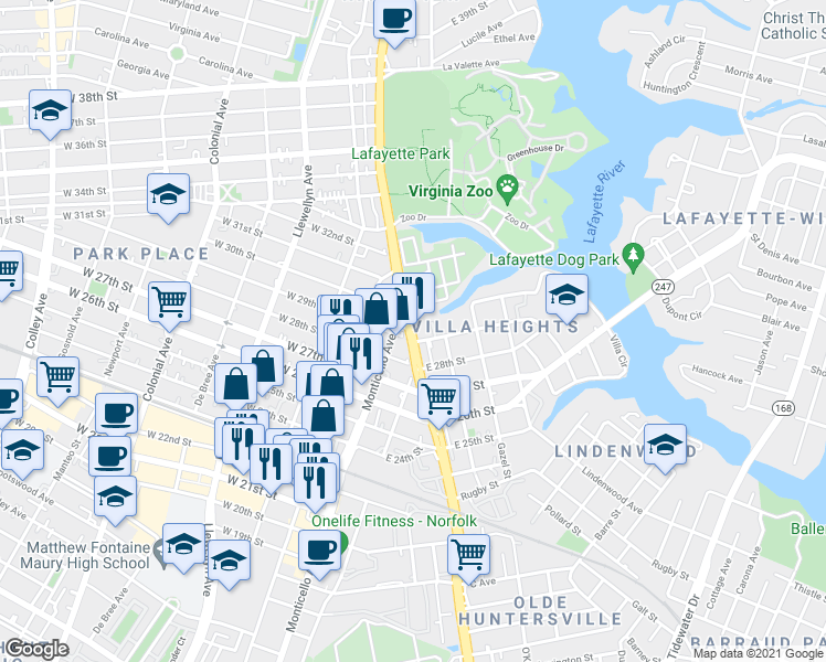 map of restaurants, bars, coffee shops, grocery stores, and more near 2912 Church St in Norfolk