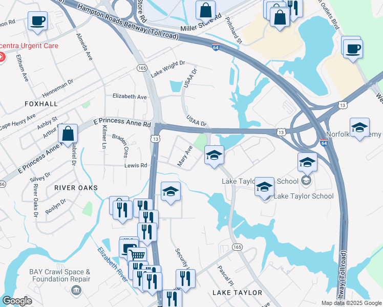 map of restaurants, bars, coffee shops, grocery stores, and more near 1430 Mary Avenue in Norfolk
