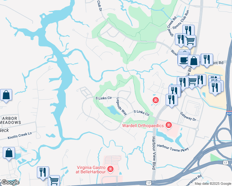 map of restaurants, bars, coffee shops, grocery stores, and more near 5103 Muirifield Loop in Suffolk