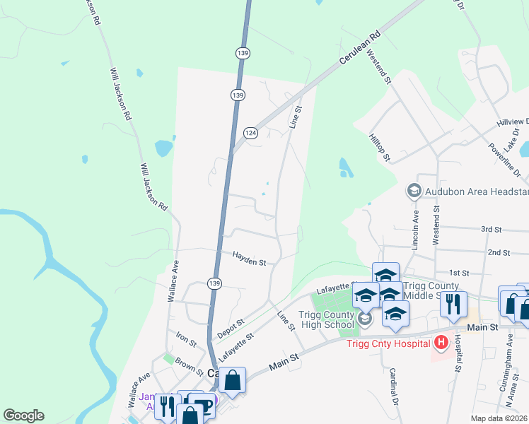 map of restaurants, bars, coffee shops, grocery stores, and more near 123 Martindale Drive in Cadiz