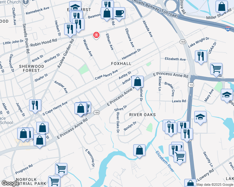 map of restaurants, bars, coffee shops, grocery stores, and more near 5236 East Princess Anne Road in Norfolk
