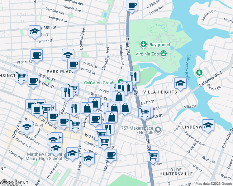 map of restaurants, bars, coffee shops, grocery stores, and more near 2800 Omohundro Avenue in Norfolk