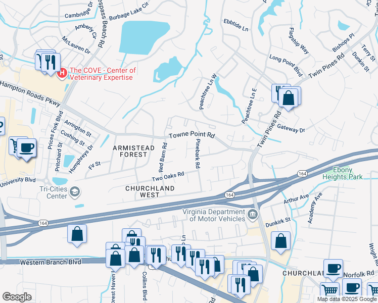 map of restaurants, bars, coffee shops, grocery stores, and more near 25 Old Church Circle in Portsmouth