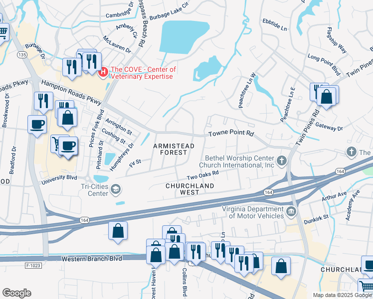 map of restaurants, bars, coffee shops, grocery stores, and more near 3806 Magnolia Drive in Portsmouth