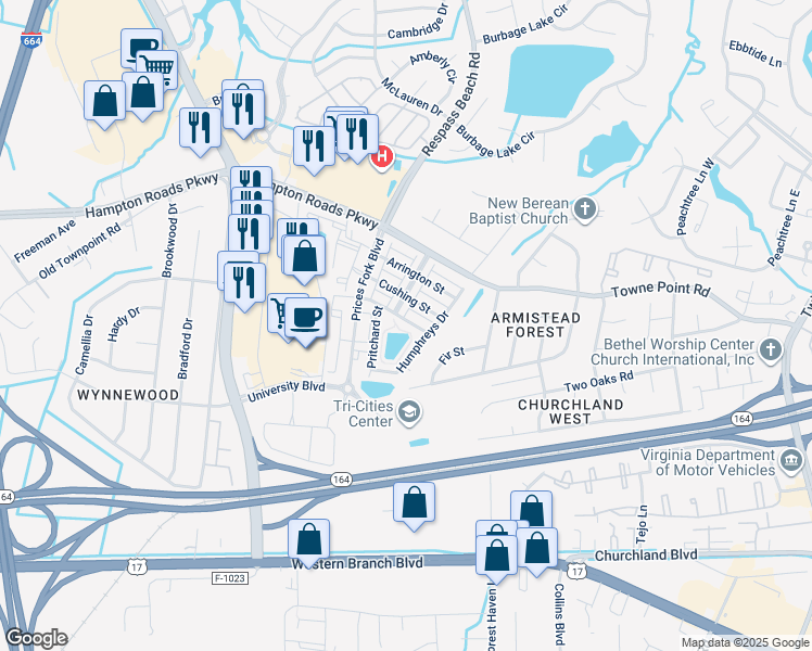 map of restaurants, bars, coffee shops, grocery stores, and more near 5234 Moreland Street in Suffolk