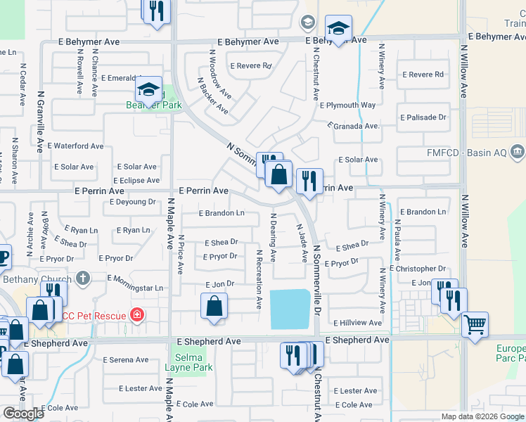 map of restaurants, bars, coffee shops, grocery stores, and more near 9398 North Recreation Avenue in Fresno