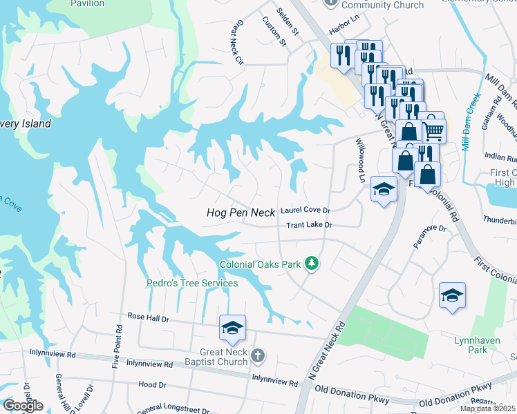 map of restaurants, bars, coffee shops, grocery stores, and more near 2312 Laurel Cove Drive in Virginia Beach