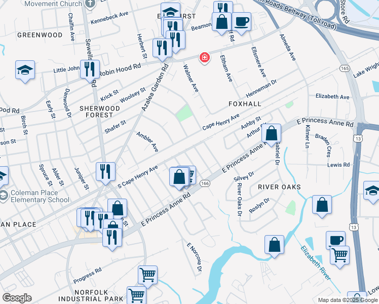 map of restaurants, bars, coffee shops, grocery stores, and more near 5129 South Cape Henry Avenue in Norfolk