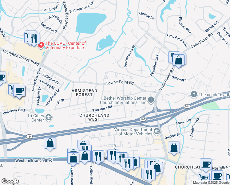 map of restaurants, bars, coffee shops, grocery stores, and more near 27 Old Church Circle in Portsmouth