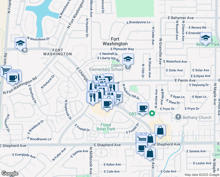 map of restaurants, bars, coffee shops, grocery stores, and more near 1155 East Perrin Avenue in Fresno