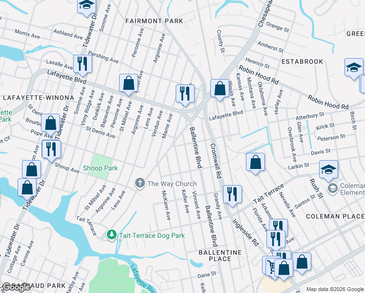 map of restaurants, bars, coffee shops, grocery stores, and more near 2849 Vincent Avenue in Norfolk