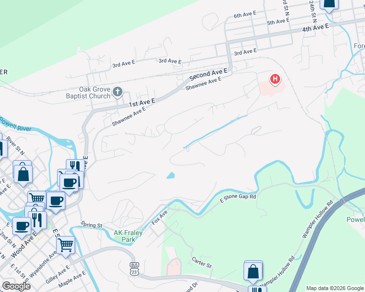 map of restaurants, bars, coffee shops, grocery stores, and more near 1431 Ridge View Drive in Big Stone Gap