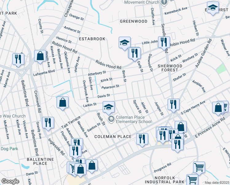 map of restaurants, bars, coffee shops, grocery stores, and more near 3900 Davis Street in Norfolk