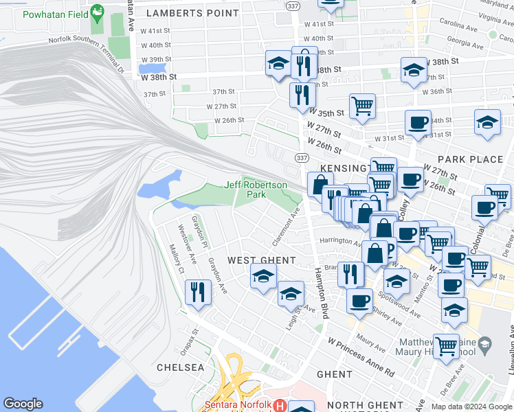 map of restaurants, bars, coffee shops, grocery stores, and more near 1412 Woodrow Avenue in Norfolk
