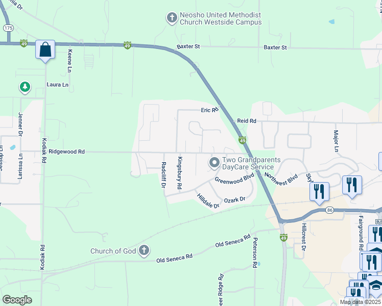 map of restaurants, bars, coffee shops, grocery stores, and more near 1448 Ridgewood Road in Neosho