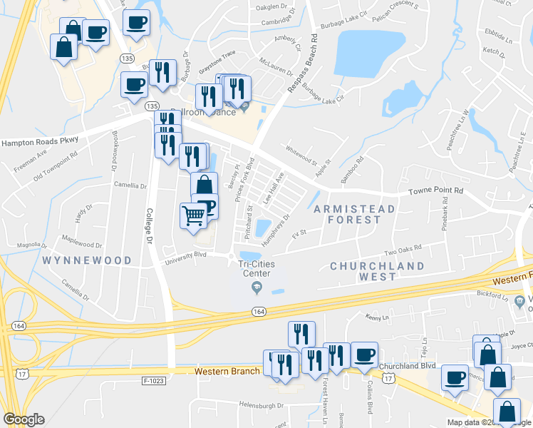map of restaurants, bars, coffee shops, grocery stores, and more near 5228 Moreland Street in Suffolk