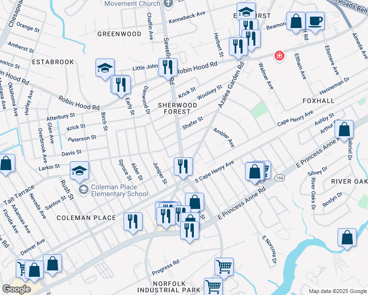 map of restaurants, bars, coffee shops, grocery stores, and more near 2424 Sewells Point Road in Norfolk