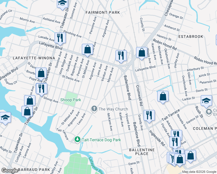 map of restaurants, bars, coffee shops, grocery stores, and more near 2918 Marne Avenue in Norfolk