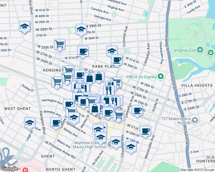 map of restaurants, bars, coffee shops, grocery stores, and more near 515 West 26th Street in Norfolk