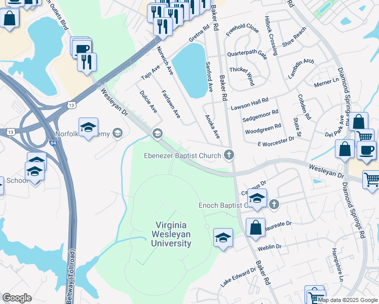 map of restaurants, bars, coffee shops, grocery stores, and more near 1584 Wesleyan Drive in Norfolk
