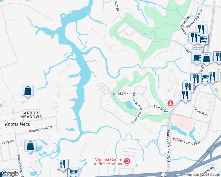 map of restaurants, bars, coffee shops, grocery stores, and more near 2008 Soundings Crescent Court in Suffolk
