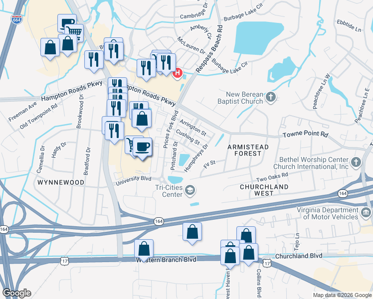 map of restaurants, bars, coffee shops, grocery stores, and more near 5245 Moreland Street in Suffolk