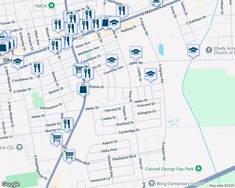map of restaurants, bars, coffee shops, grocery stores, and more near 728 Mimosa Drive in Sikeston