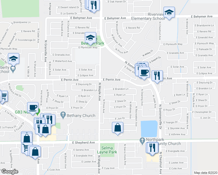 map of restaurants, bars, coffee shops, grocery stores, and more near 9411 North Backer Avenue in Fresno