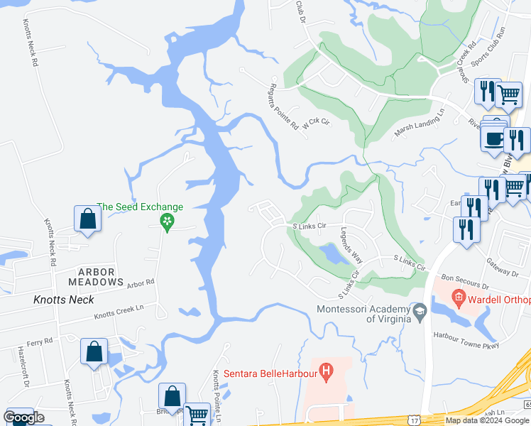 map of restaurants, bars, coffee shops, grocery stores, and more near 1008 Skiffs Landing Lane in Suffolk