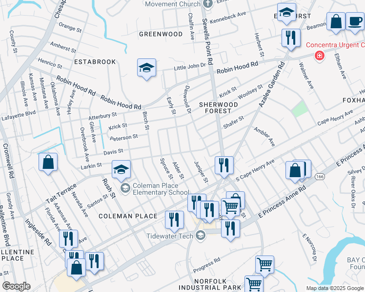 map of restaurants, bars, coffee shops, grocery stores, and more near 2704 Early Street in Norfolk