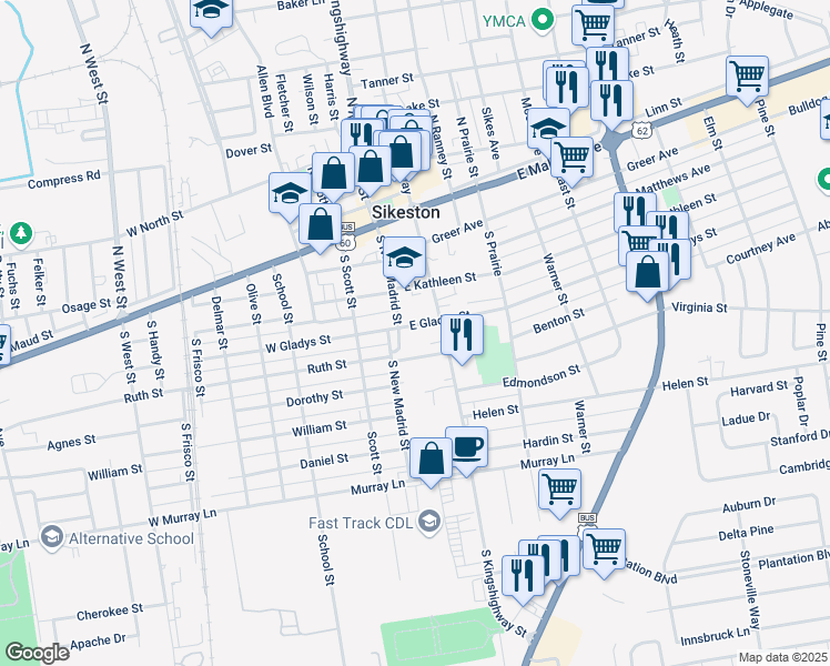 map of restaurants, bars, coffee shops, grocery stores, and more near 113 East Gladys Street in Sikeston
