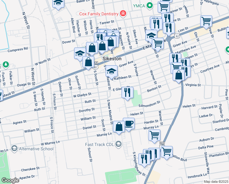 map of restaurants, bars, coffee shops, grocery stores, and more near 113 East Gladys Street in Sikeston