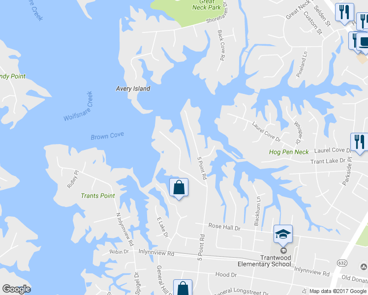 map of restaurants, bars, coffee shops, grocery stores, and more near 1308 Holly Point Road in Virginia Beach