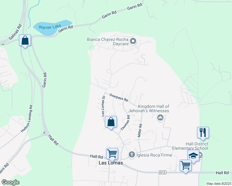 map of restaurants, bars, coffee shops, grocery stores, and more near 25 Overpass Road in Watsonville