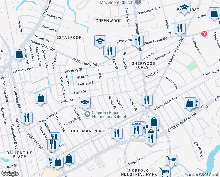 map of restaurants, bars, coffee shops, grocery stores, and more near 2708 Spruce Street in Norfolk