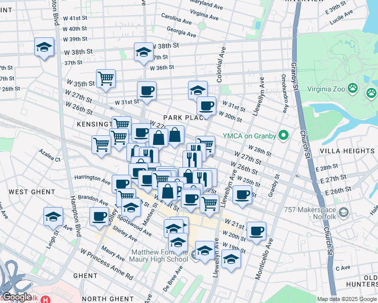 map of restaurants, bars, coffee shops, grocery stores, and more near 517 West 26th Street in Norfolk