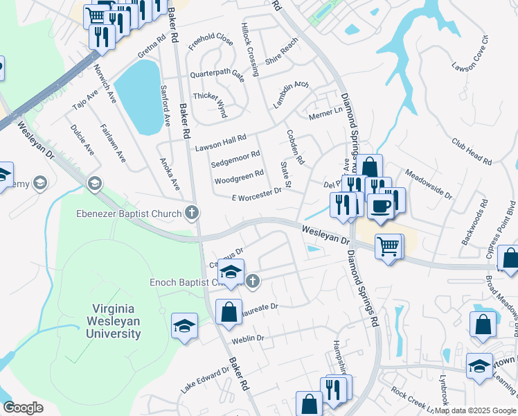 map of restaurants, bars, coffee shops, grocery stores, and more near 1008 Radford Court in Virginia Beach