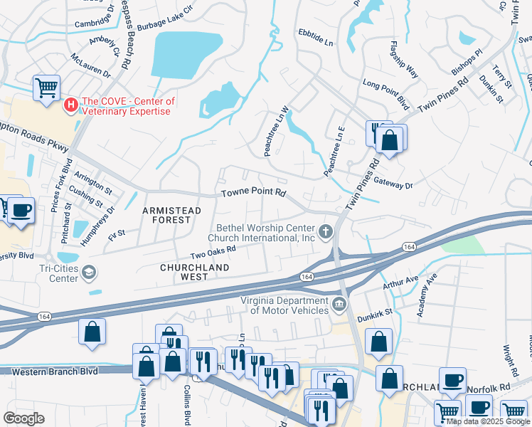 map of restaurants, bars, coffee shops, grocery stores, and more near 3743 Pinebark Road in Portsmouth