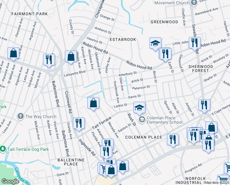 map of restaurants, bars, coffee shops, grocery stores, and more near 2718 Hurley Avenue in Norfolk