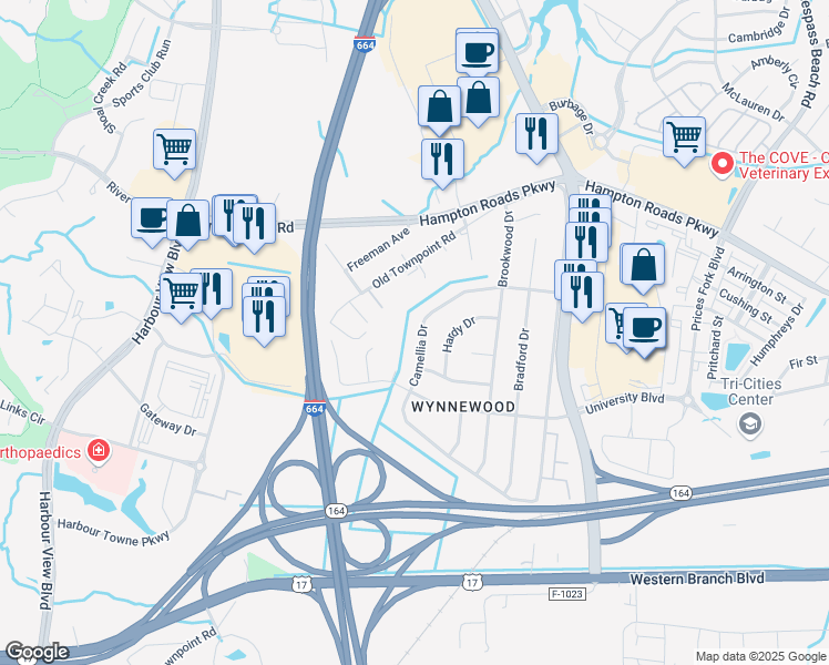 map of restaurants, bars, coffee shops, grocery stores, and more near 6029 Camellia Drive in Suffolk