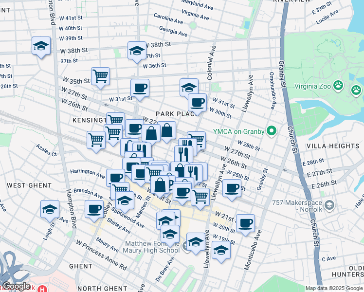 map of restaurants, bars, coffee shops, grocery stores, and more near 515 West 26th Street in Norfolk