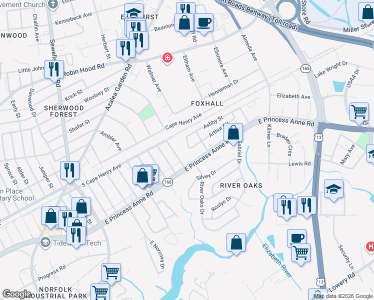 map of restaurants, bars, coffee shops, grocery stores, and more near 1525 Wolfe Street in Norfolk