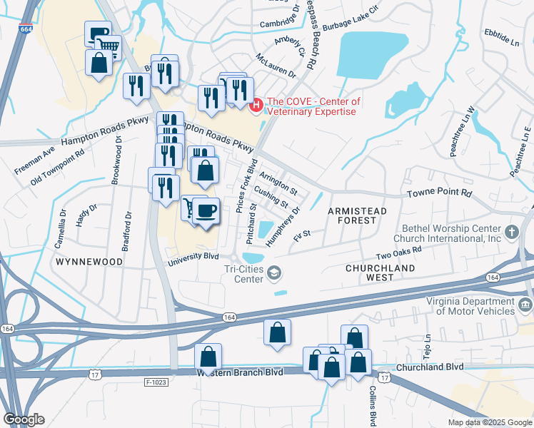 map of restaurants, bars, coffee shops, grocery stores, and more near 5224 Moreland Street in Suffolk