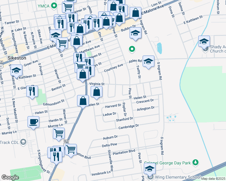 map of restaurants, bars, coffee shops, grocery stores, and more near 728 Mimosa Drive in Sikeston