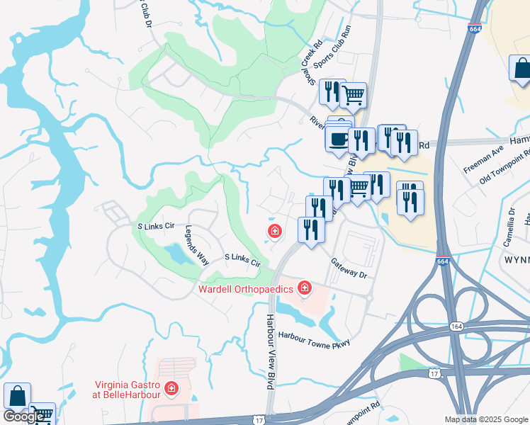 map of restaurants, bars, coffee shops, grocery stores, and more near 1019 Nicklaus Drive in Suffolk