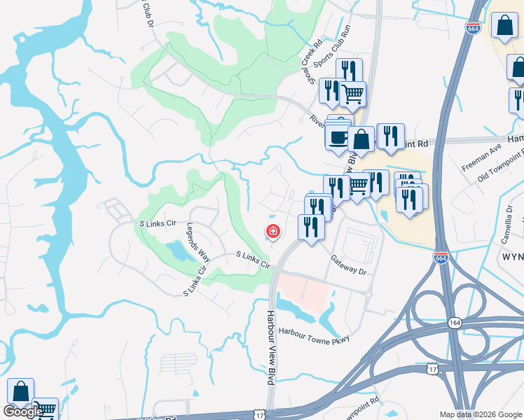 map of restaurants, bars, coffee shops, grocery stores, and more near 1019 Nicklaus Drive in Suffolk