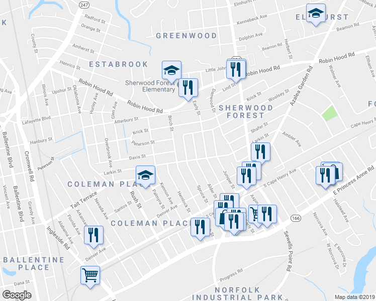 map of restaurants, bars, coffee shops, grocery stores, and more near 2708 Spruce Street in Norfolk