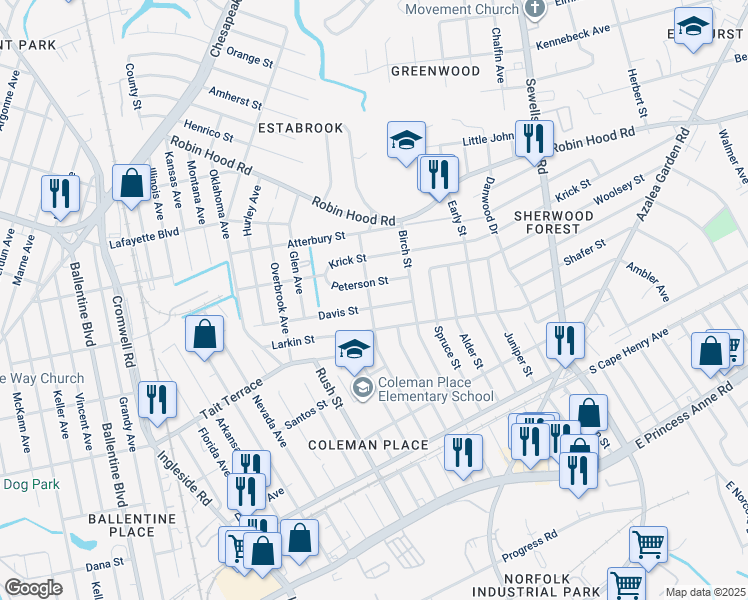 map of restaurants, bars, coffee shops, grocery stores, and more near 3900 Davis Street in Norfolk