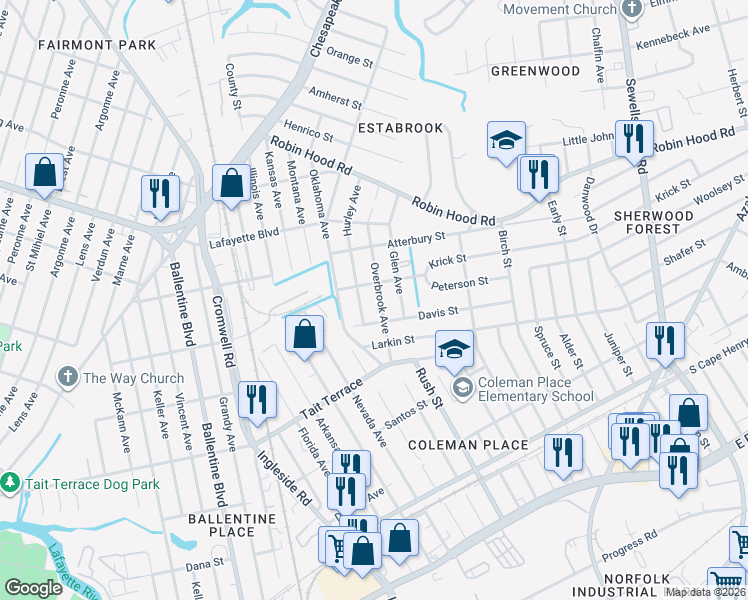 map of restaurants, bars, coffee shops, grocery stores, and more near 2718 Hurley Avenue in Norfolk