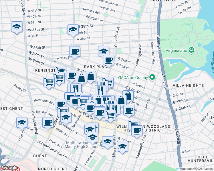 map of restaurants, bars, coffee shops, grocery stores, and more near 434 West 26th Street in Norfolk